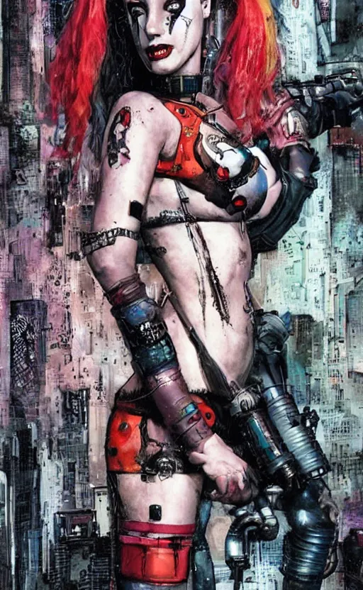 Image similar to a dream portrait of cyberpunk Harley Quinn in post apocalyptic Gotham art by Paul Dini, Travis Charest, Simon Bisley, centered in frame