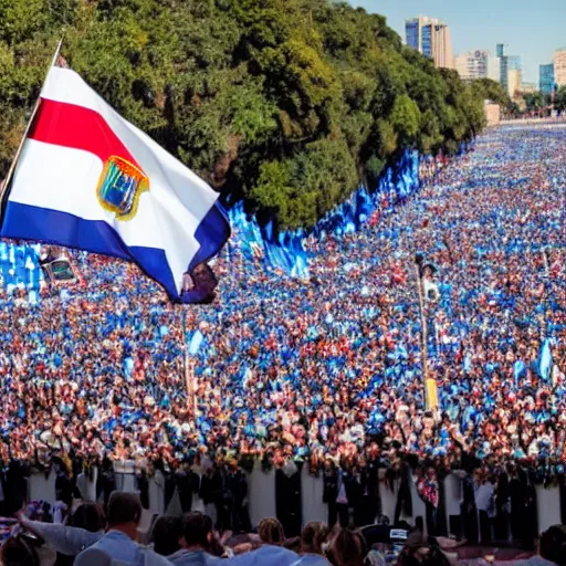 Image similar to Lady Gaga as president, Argentina presidential rally, Argentine flags behind, bokeh, giving a speech, detailed face, Argentina