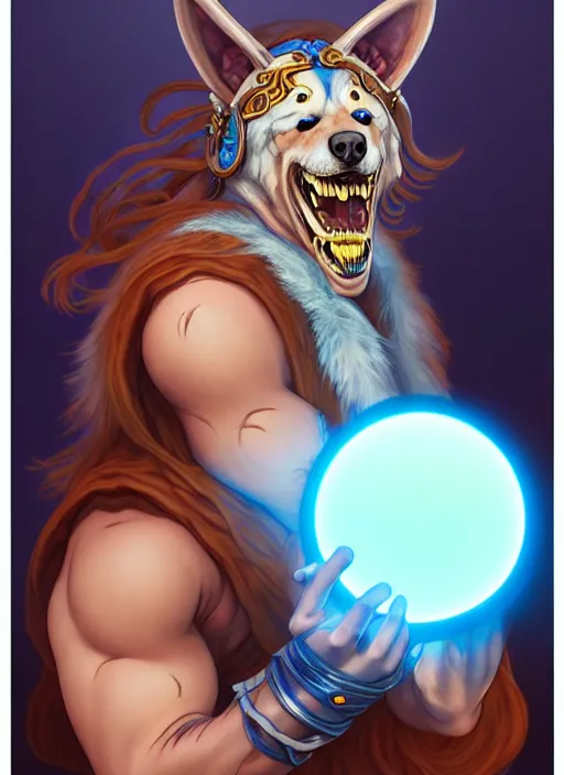 Image similar to lunatic fantasy barbarian with a canine face holding a glowing blue orb natural lighting, path traced, highly detailed, high quality, digital painting, by don bluth and ross tran and studio ghibli and alphonse mucha, artgerm