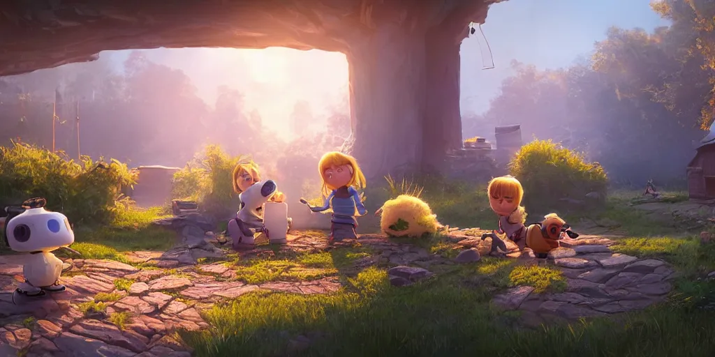 Image similar to cottagecore illustration children playing with a smiling roboton a peaceful morning, pixar and disney animation, sharp, rendered in unreal engine 5, art by greg rutkowski, bloom, dramatic lighting, sunrise