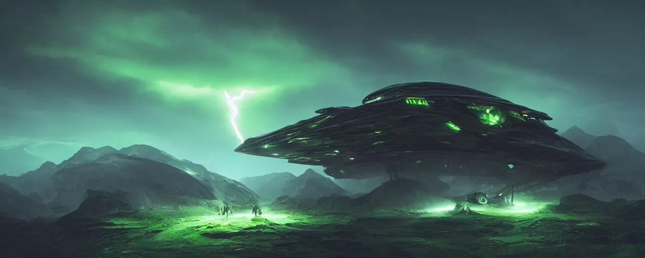 Image similar to an image of an alien bug like ship in the night on a mountain with green headlights on by Paul Chadeisson, atmospherical, heavy storm, lightnings , concept art, high detail, intimidating , cinematic, Artstation trending, octane render