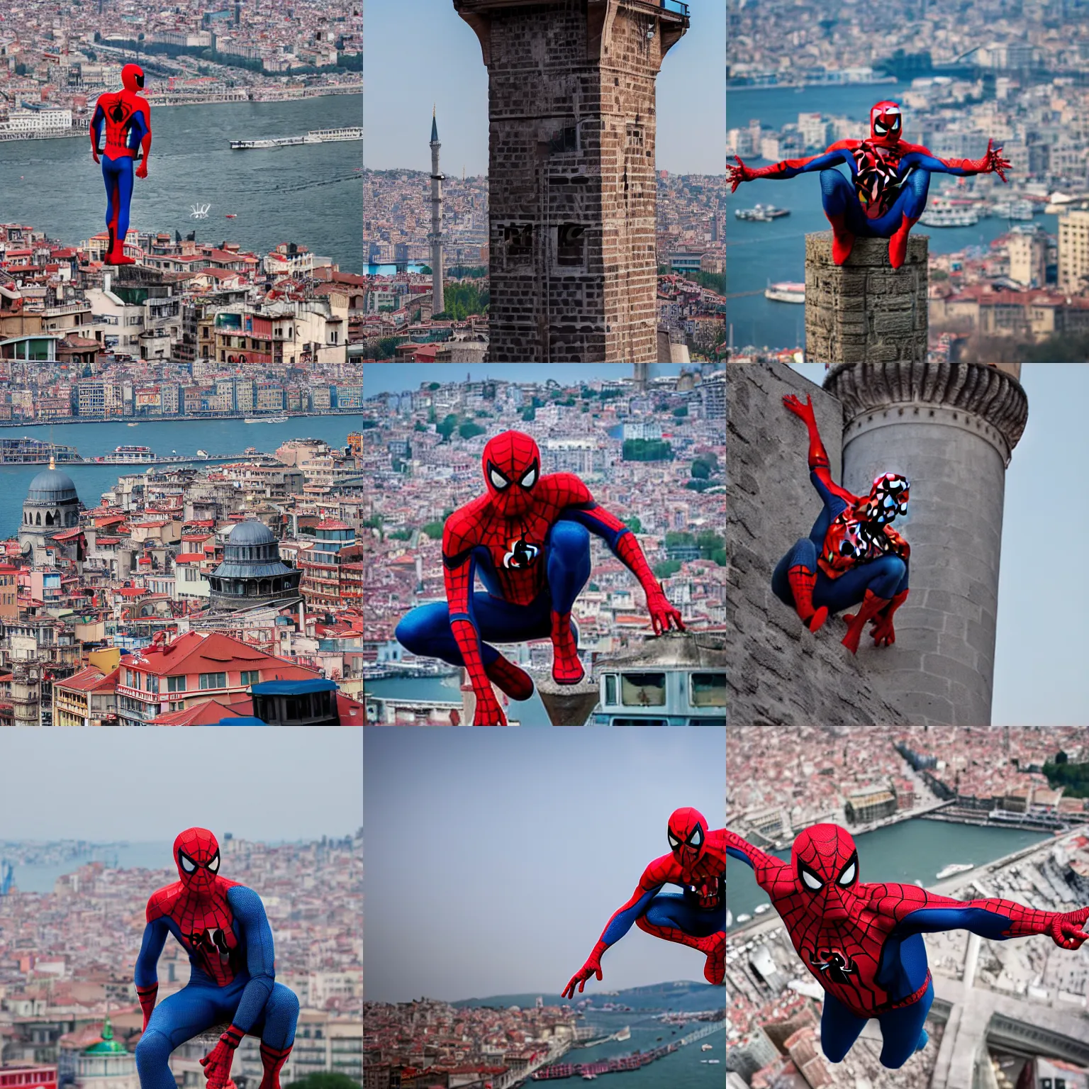 Image similar to Spider-man on top of the Galata Tower in Istanbul, photorealistic, 4K, 200mm lens