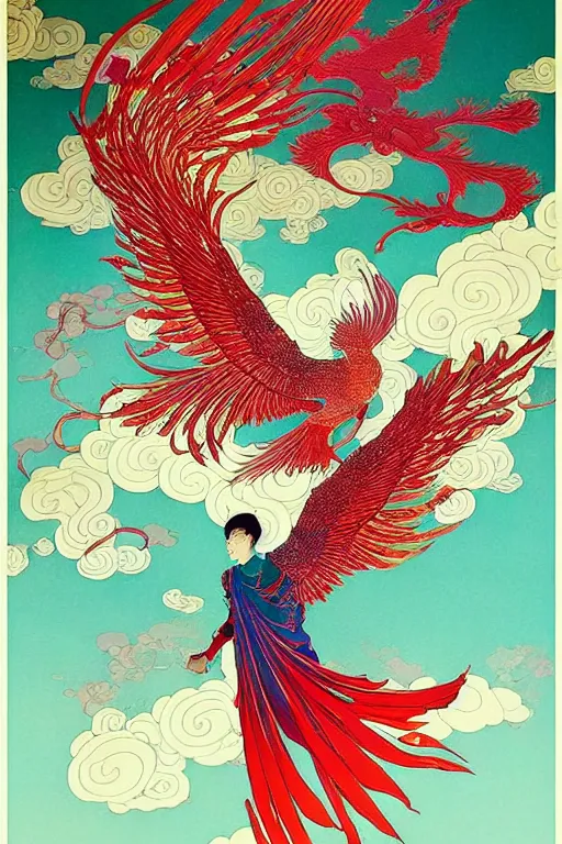 Image similar to victo ngai and lfons mucha painting of a phoenix in the sky, chinese style