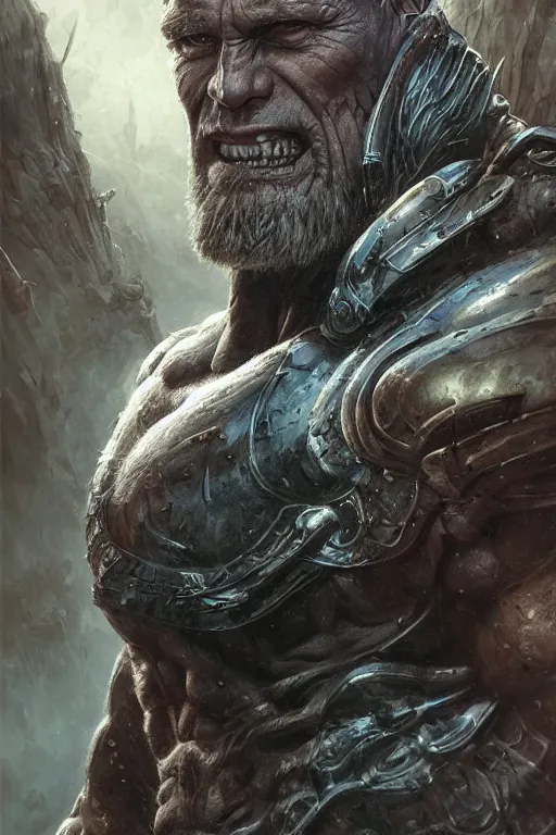 Image similar to closeup portrait shot of dolph lundgren as destruction of the endless, the sandman herculean thanos, conan the barbarian, highly detailed, digital painting, artstation, concept art, soft focus, depth of field, artgerm, tomasz alen kopera, peter mohrbacher, donato giancola, wlop, boris vallejo