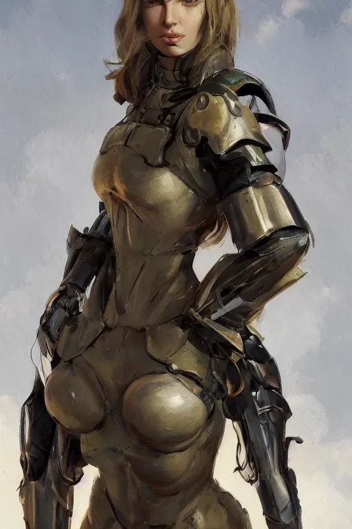 Image similar to a professionally painted portrait of an attractive young woman, clothed in military armor, olive skin, long dark hair, beautiful bone structure, symmetrical facial features, intricate, elegant, digital painting, trending on Artstation, concept art, smooth, sharp focus, illustration, from Metal Gear by Ruan Jia and Mandy Jurgens and Artgerm and William-Adolphe Bouguerea, award winning