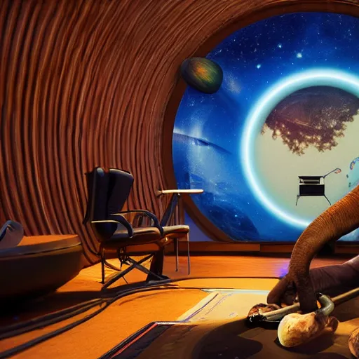 Image similar to a hyperrealistic 3D octane render of an elephant wearing an oculus rift and playing a keyboard inside of a dome planetarium with planets and galaxies, 8k, unreal engine, dramatic lighting, volumetric lighting, uplighting, ray tracing, photorealistic,