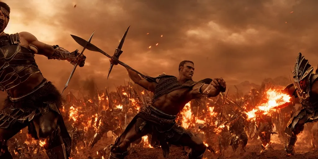 Image similar to epic battle screen of hero, film still from the movie'3 0 0'( 2 0 0 6 ), 3 d, 8 k realistic, cryengine, playstion 5 screen, cinematic lighting