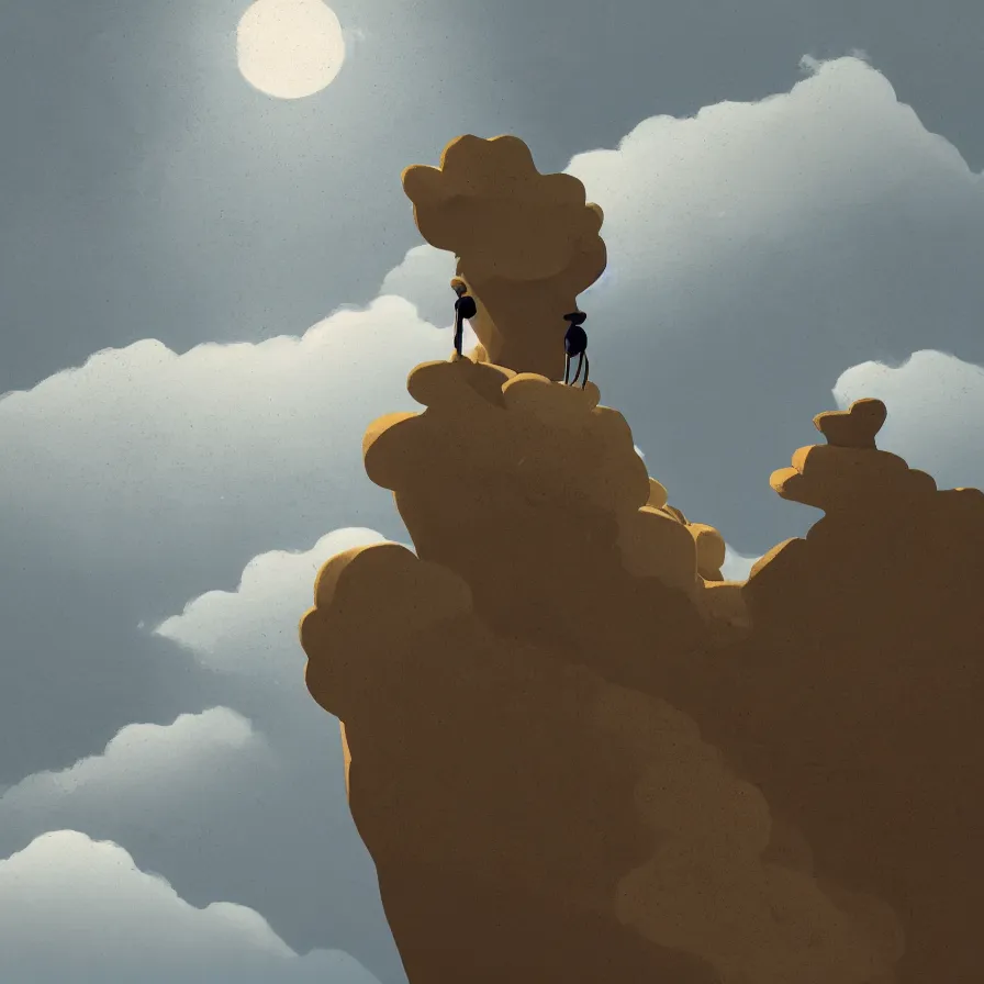 Prompt: Image from afar, man looking from the top of a large rock cliff, the sea hits the large stones hard, the clouds let through subtle rays of light, ilustration art by Goro Fujita