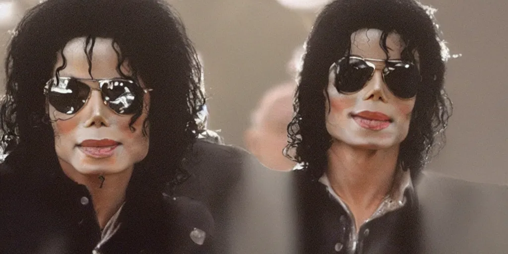 Image similar to michael jackson by himself 2 0 0 9 style wearing shades, studio solo, this is it style, photo real, skin pores, motion blur, solo, by himself, heroic pose, real life, spotted, ultra realistic face, accurate, 4 k, movie still, uhd, sharp, detailed, cinematic, render, modern