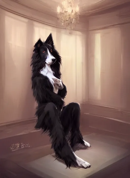 Image similar to wide angle beautiful full body portrait of a strong male anthropomorphic anthro border collie fursona wearing an evening gown and sitting in a parlor room, character design by charlie bowater, henry asencio, and ross tran, furry art, furaffinity, beautiful, glamor pose, detailed, aesthetic, trending on artstation