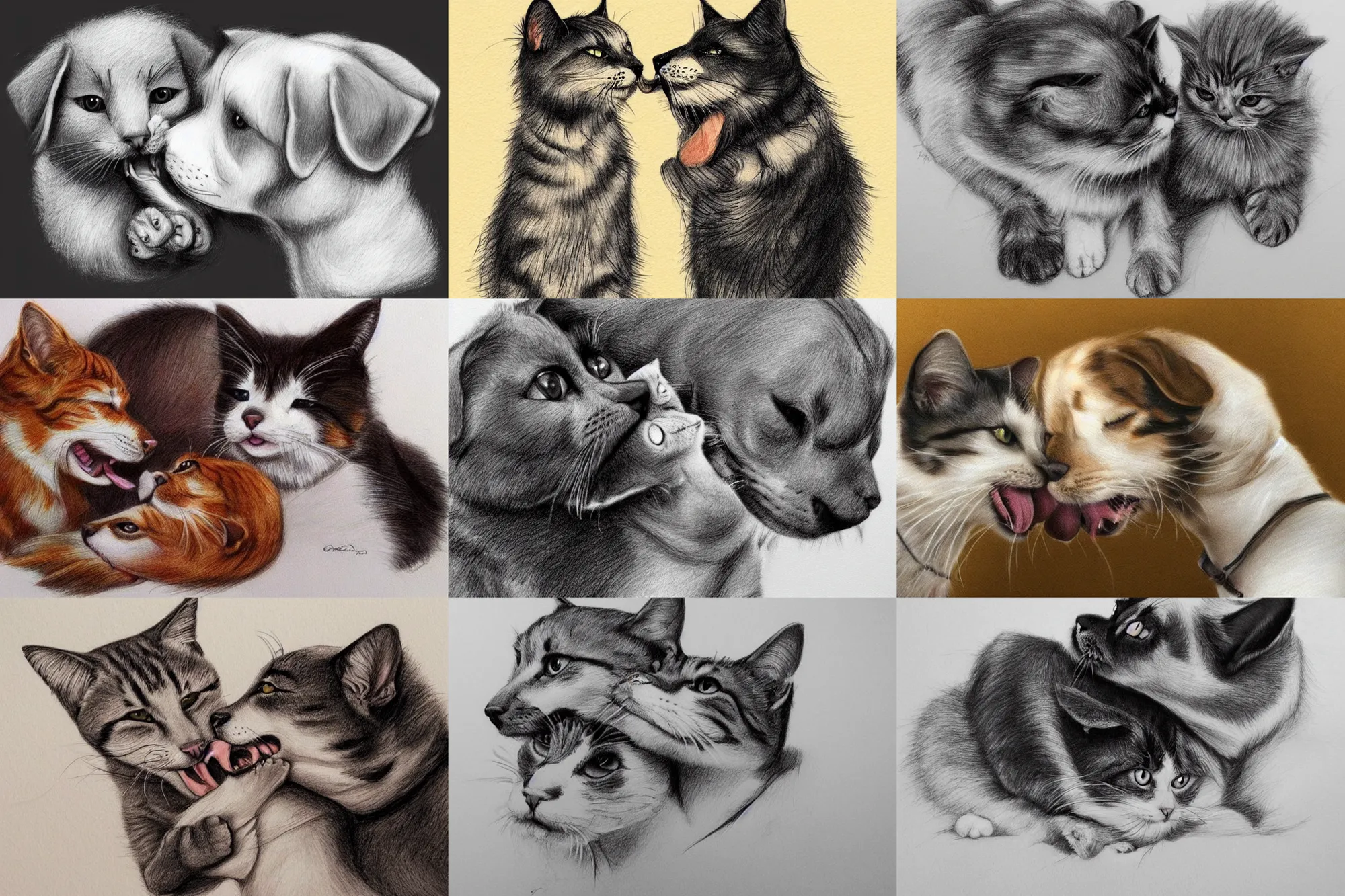 Prompt: cat and dog licking each other, cute drawing, concept art, trending on Artstation, long tongue, realistic, very beautiful fur, perfect animal