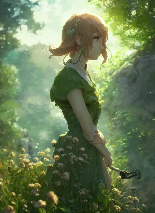 Image similar to a portrait of the emerald herald in the garden, intricate, tone mapped, ambient lighting, highly detailed, digital painting, artstation, concept art, sharp focus, by makoto shinkai and akihiko yoshida and hidari and wlop