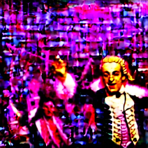 Image similar to a photo of wolfgang amadeus mozart on a rave. he sweats a lot because the club is poorly ventilated, but he still has a great time. club photography, smartphone photography.