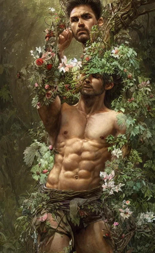 Prompt: god of the forest, 3 0 years old, rugged, handsome, male, detailed face, clean lines, atmospheric lighting, amazing, full body, thighs, flowers, muscular, intricate, highly detailed, digital painting, deviantart, concept art, sharp focus, illustration, art by greg rutkowski and alphonse mucha
