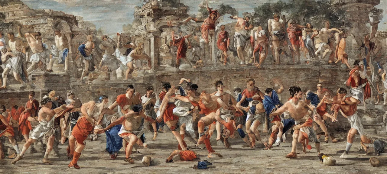 Prompt: Ancient romans playing moddern soccer in a stadium