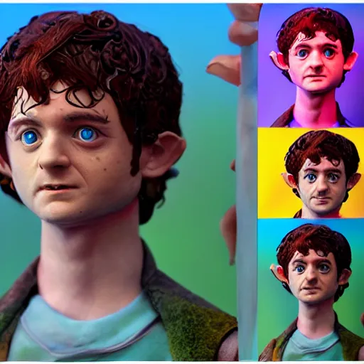 Prompt: tribute sculpture of elijah wood as frodo, matte painting, vibrant, colorful, 4 k, artstation, cgsociety