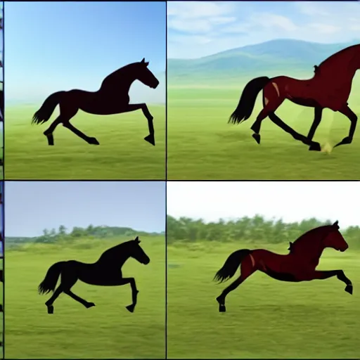 Prompt: 4 progressive frames of a horse running frame - by - frame from the same video clip