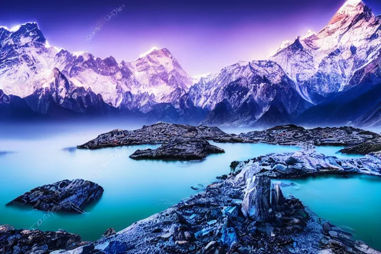 Prompt: beautiful nighttime landscape photography of the Himalayan Mountains with a crystal blue lake, serene, dramatic lighting.