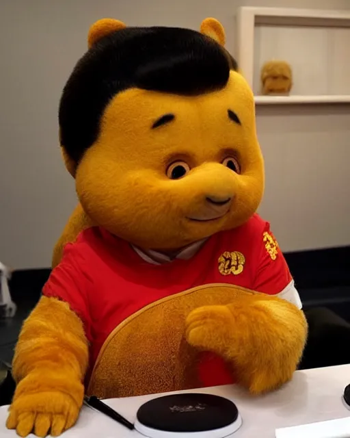 Image similar to president xi jinping in a makeup test as winnie the poo, makeup and prosthetics designed by rick baker, highly detailed, photorealistic