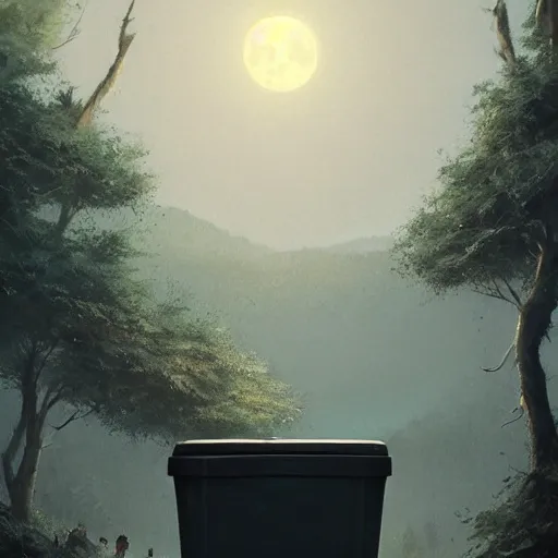 Image similar to low angle shot of a tree growing inside a trashcan in the foreground. overgrown. soft moon - lit over the mountains in the background. highly detailed, cinematic, beautiful, cgsociety, artstation, oil painting by greg rutkowski, by artgerm, by wlop