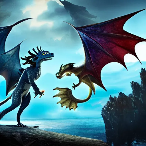 Prompt: a stardust dragon with mantaray wings and a stingray tail flying through an old viking village filled with vikings and other dragons, cgi, in the style of how to train your dragon, cinematic, high resolution, movie, film, animated film, cgi