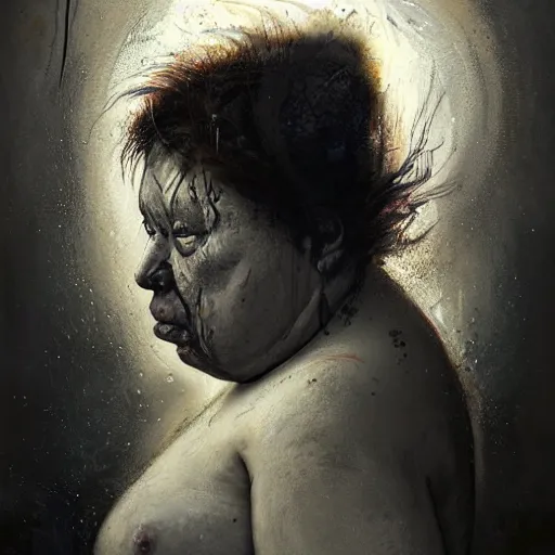 Image similar to portrait of the face of big fat old sumoringer as despair from sandman, venus of willendorf, by jeremy mann, by gregory crewdson, by bastien lecouffe deharme, by russ mills, sad face, topknot, black hair, mourning, black eyes, white room, soft lightning, high detailed, 8 k