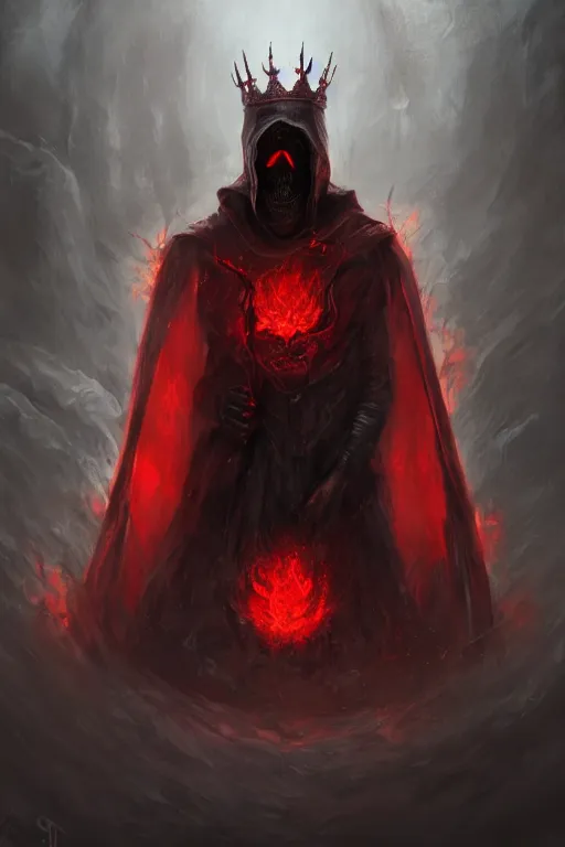 Prompt: A full body portrait of a mysterious character with a skull face with a very long hooded blood red and black cloak, a crown of fire floating above his head tentacles coming out the ground art by James Paick, and Shaddy Safadi, ominous, cosmic horror, trending on artstation, Ultra detailed, hyper realistic 4k