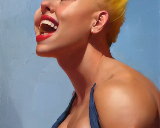 Image similar to greg manchess portrait painting of smiling scarlett johansson as beautiful thick female bodybuilder zarya from overwatch, medium shot, asymmetrical, profile picture, organic painting, sunny day, matte painting, bold shapes, hard edges, street art, trending on artstation, by huang guangjian and gil elvgren and sachin teng