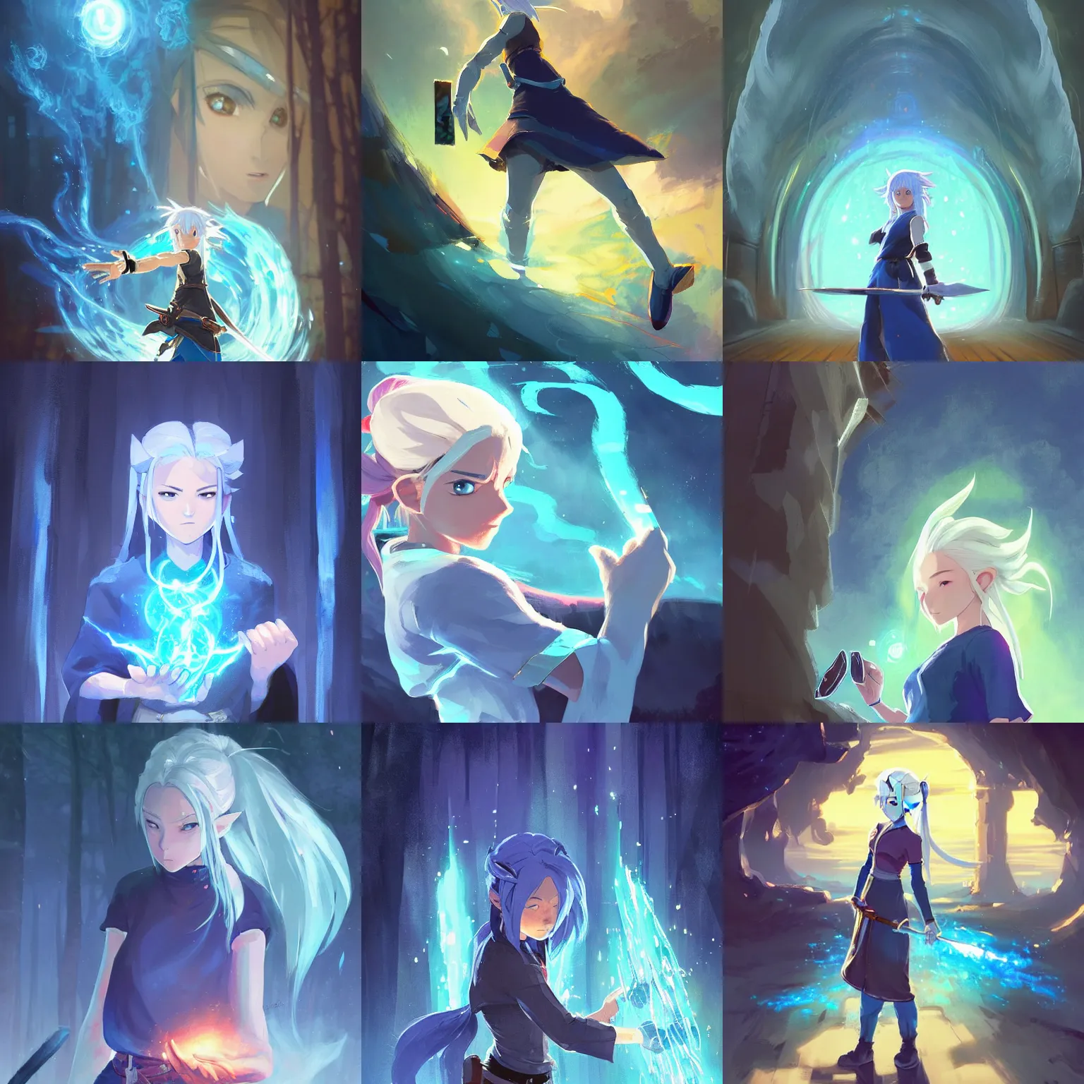 Prompt: a girl sorcerer with white hair in a hairbun, blue jeans, and a black tshirt, learning how to use magic. radiating blue energy. magical atmosphere, by Andreas Rocha, guillaume tholly, Gthl.art, Makoto Shinkai, genshin impact, Breath of the wild, studio ghibli. Trending on ArtStation. award winning