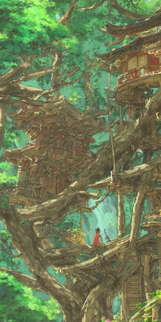 Image similar to detailed japanese treehouse shrine, breath of the wild, hyrule, studio ghibli artstation, 3 5 mm