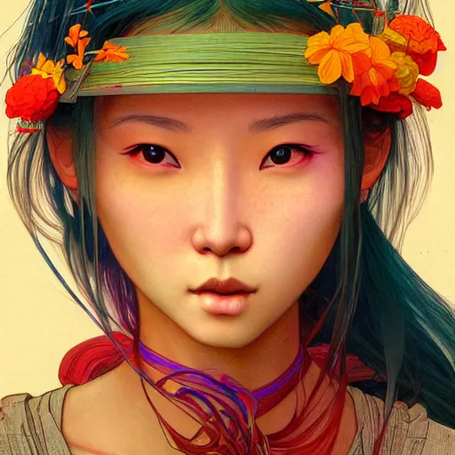 Prompt: a beautiful vivid color digital 3 d illustration portrait of the face of a young vietnamese woman in drawn by brain froud, charles vess, akira toriyama, alphonse mucha, range murata, cinematic lighting, epic composition, highly detailed, eighties tape aesthetic