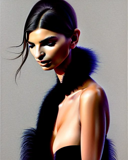 Prompt: Emily Ratajkowski, wearing an evening gown, vera wang couture, very detailed portrait, ultrarealistic, dramatic lighting, electrical details, high details, 4k, 8k, best, accurate, trending on artstation, fur, artstation, photorealism, ultrarealistic, digital painting, style of Dali, Caravaggio, Boris Vallejo