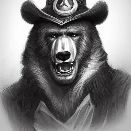 Image similar to dashing charming grinning charismatic bear beast-man, wearing captain's tricorne hat, naval background, amazing, lifelike award winning pencil illustration trending on art station artgerm Greg rutkowski cinematic