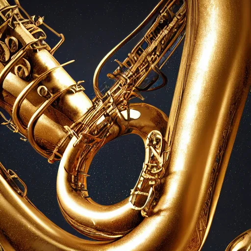 Prompt: hyperrealistic mixed media image of a saxophone cephalopod, stunning 3 d render inspired art by greg rutkowski and xiang duan and thomas eakes, perfect symmetry, realistic, highly detailed attributes and atmosphere, dim volumetric cinematic lighting, 8 k octane extremely hyper - detailed render, post - processing, masterpiece,