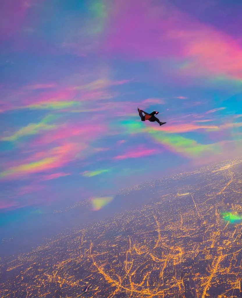 Image similar to a student flying upwards through iridescent clouds at dusk in a lit up city