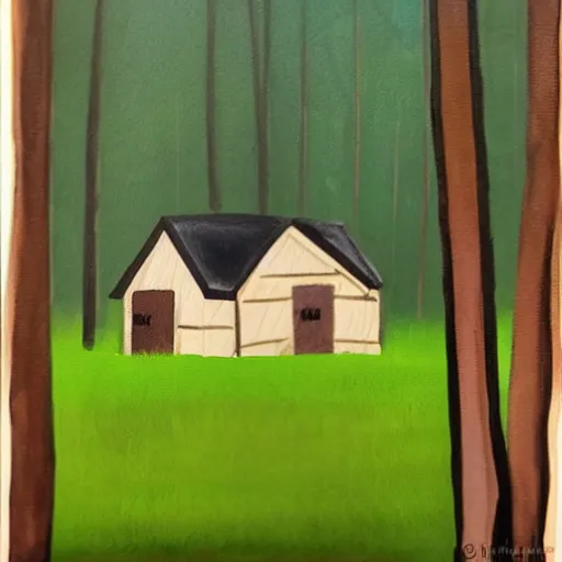 Prompt: a painting of a Eerie cabin in the middle of the woods in the style of minimalism