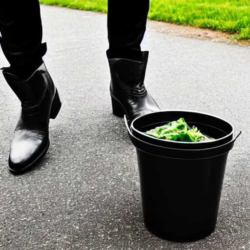 Image similar to man with black pants and black boots standing in a plastic bin of lettuce