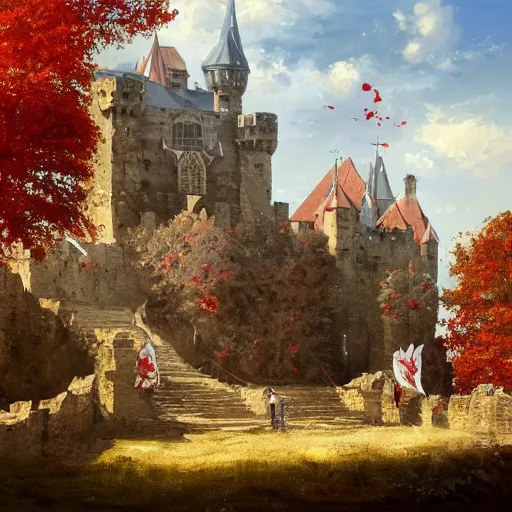 Prompt: A beautiful painting of a medieval castle made out of white and red marble, blue skies, flower petals in the air, autumn, by Greg Rutkowski, trending on artstation