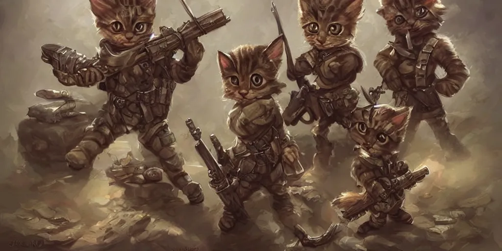 Image similar to Eight cute little anthropomorphic kitten soldiers holding rifles, tiny, small, miniature kitten, baby animal, short, cute and adorable, pretty, beautiful, DnD character art portrait, matte fantasy painting, DeviantArt Artstation, by Jason Felix by Steve Argyle by Tyler Jacobson by Peter Mohrbacher, cinematic lighting