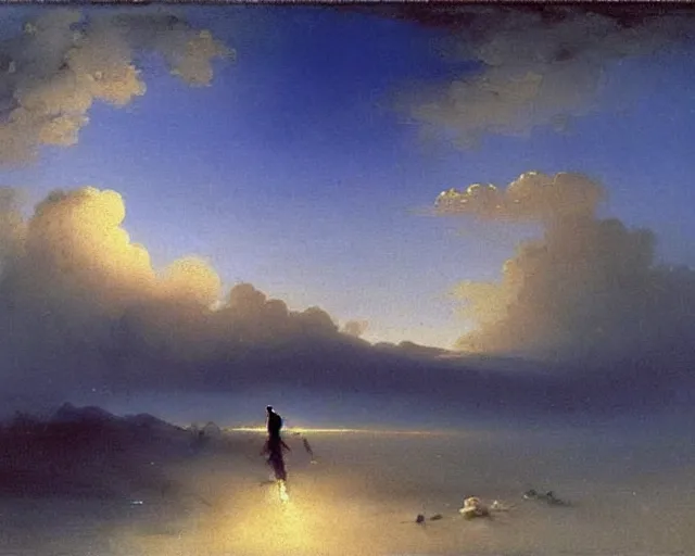 Prompt: A slightly silhouetted figure of a man with a guitar, clouds that look like mountains high in the sky, the clouds are a deep blue purple color with the sun blazing behind the clouds, art by Ivan Aivazovsky