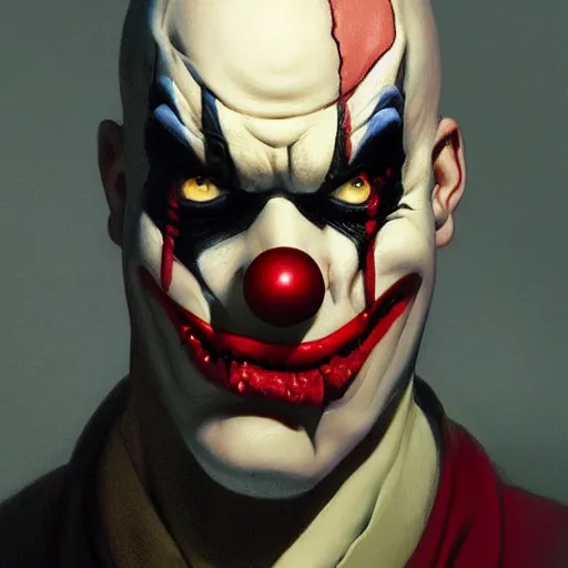 Prompt: 4k headshot portrait of Spawn clown from Macfarlane comics by Craig Mullins, ilya kuvshinov, krenz cushart, epic , artgerm trending on artstation by Edward Hopper and Dan Mumford and WLOP and Rutkovsky, beksinski carl spitzweg moebius and tuomas kocar, intricate artwork by caravaggio, Unreal Engine 5, Lumen, Nanite , 4K headshot of godlike clown with defined arms and open hands and bloody clothes with giant mandala wings , intricate face , flawless anime cel animation by Kentaro Miura, psychedelic , highly detailed upper body , professionally post-processed , beautiful, scary, symmetry accurate features, epic, octane rendered, anime masterpiece, accurate