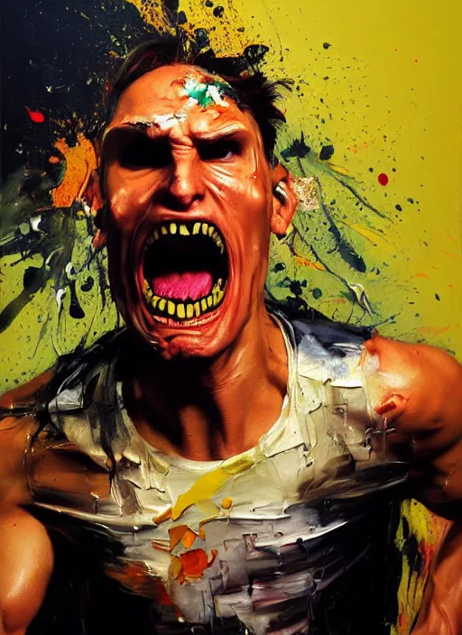 Prompt: jerma985 screeching, rage face, furious, spit flying from mouth, motion blur, smeared face, arms thrown up painting by phil hale!!! hd high quality