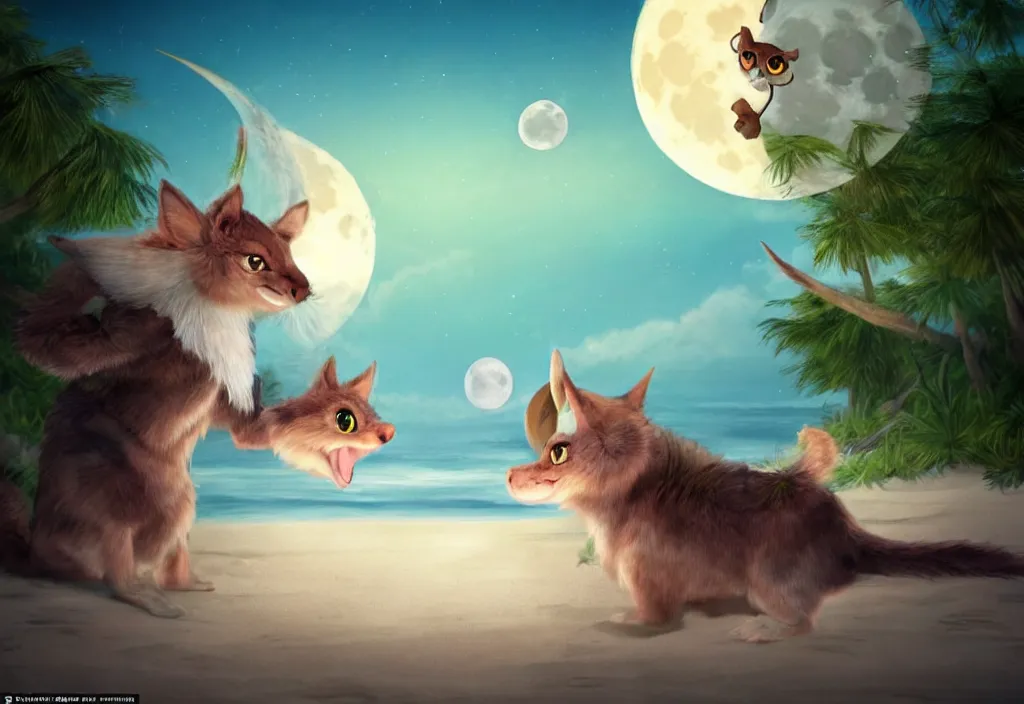 Image similar to cute magical fantasy animals at a beach looking at the moon, realistic, concept art, highly detailed