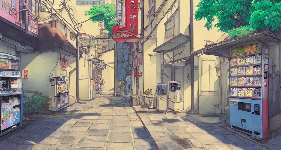Prompt: beautiful anime painting of Japanese alleyway with vending machine, relaxing summer day, by Hayao Miyazaki. trending on Artstation, 8k, masterpiece, sharp, fine detail, full of color, visually stunning