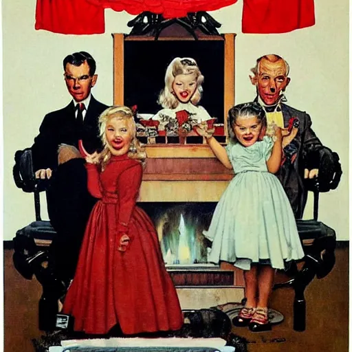 Image similar to satanic states of america, alternate history, norman rockwell paintings of satanic gothic stepford family, 1 9 5 0 s american family