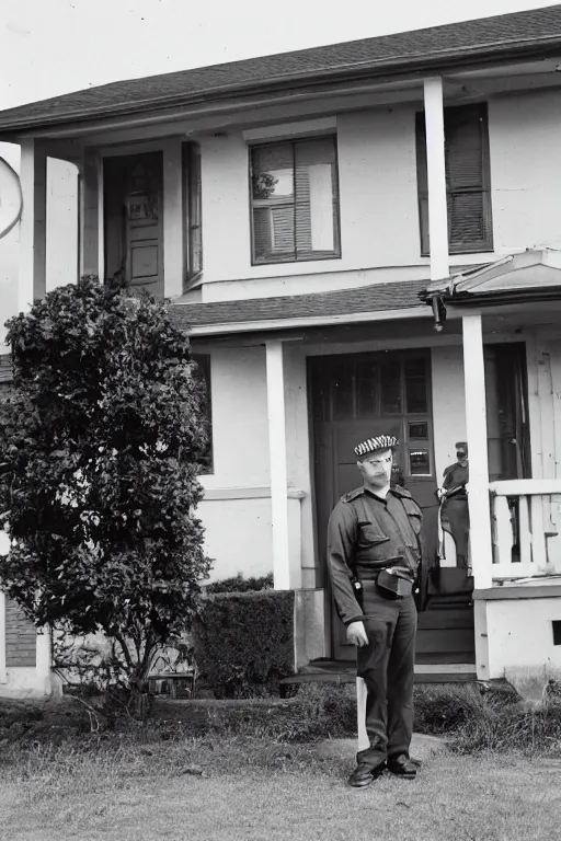 Prompt: a 5 0's police officer in front of the house, residential neighborhood