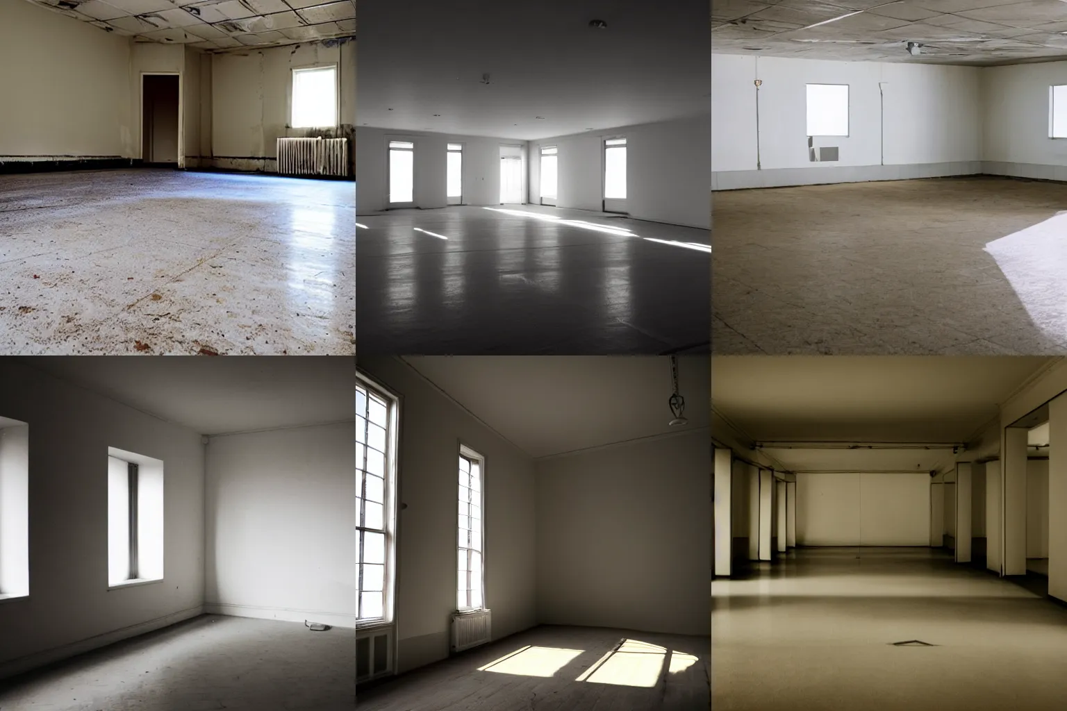 Prompt: Brightly lit empty liminal space of empty rooms, liminal, unsettling, ugly