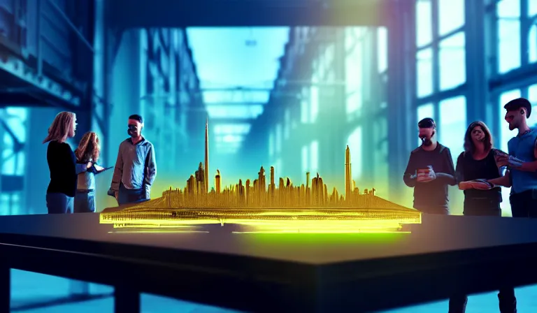 Image similar to group of people in simple warehouse, looking at hologram of futuristic city on a table, cinematic concept art, godrays, golden hour, natural sunlight, 4 k, clear details, tabletop model buildings, center model buildings, hologram center, crane shot, crane shot, crane shot