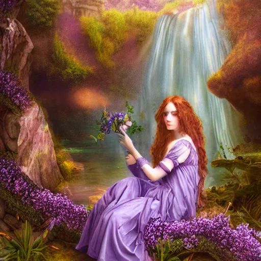 Image similar to a cinematic portrait of a romantic pre - raphaelite purple styled fairy surrounded by amethysts, sitting in a mystical waterfall cave, lilac sunrays, matte painting, highly detailed, 8 k