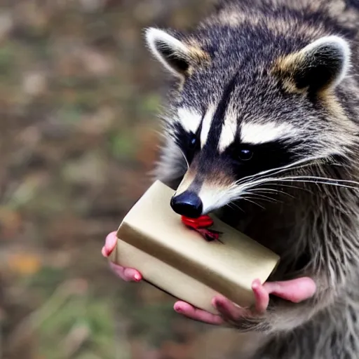 Prompt: a raccoon hold a gift in his hands